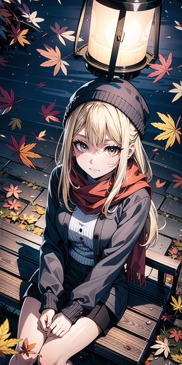 Cute girl, in warm clothes, knitted hat, scarf, long blonde hair, gray eyes, (night:1.5), street, lantern, light from a lantern, it's dark around, park, sitting on bench, autumn, yellow leaves on the path, 4k, 8k, masterpiece, ultra quality, intricate details, detailed and complex background, (high angle view:1.5), High detailed 