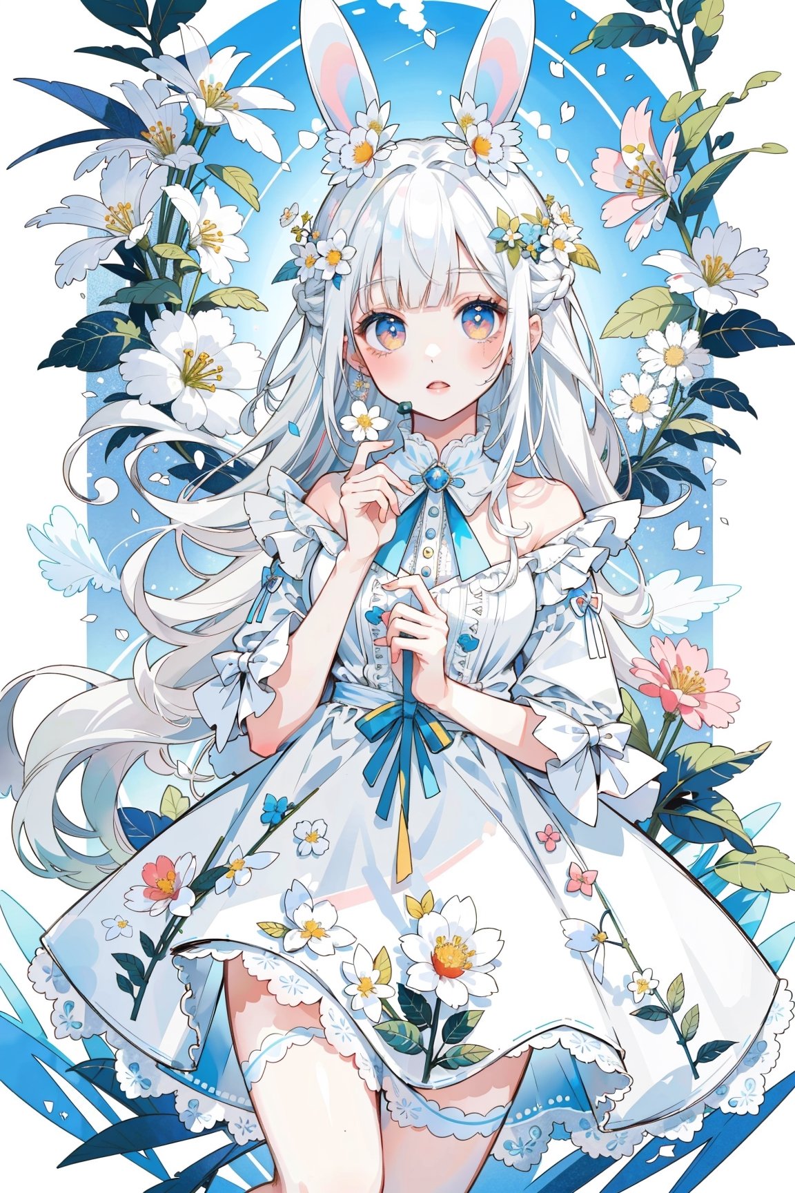 (masterpiece, best quality, highres:1.3), ultra resolution image, (1girl), (solo), kawaii, white hair, long hair, white dress, wonderland, bunny, sunlight, flowers, colorful, hold white flowers, dreamy