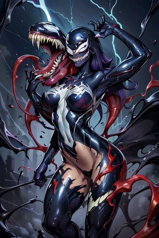 surrealist art, perfect,high quality,complex,dark fantasy,purple,glowing_hand_bright,detailed, realistic, high_resolution, complex_bg,bright,shining, extreme_lightning,light_extreme_high_gamma,texture_bright_high, red_glowing_aura, sexy, portrait, gothic, female, girl, venom [marvelcomics], venom symbiote fusing with the host,symbiote, venom_teeth