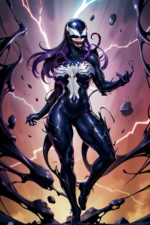 surrealist art, perfect,high quality,complex,dark fantasy,purple,glowing_hand_bright,detailed, realistic, high_resolution, complex_bg,bright,shining, extreme_lightning,light_extreme_high_gamma,texture_bright_high, red_glowing_aura, sexy, portrait, gothic, female, girl, venom [marvelcomics], venom symbiote fusing with the host,symbiote, venom_teeth