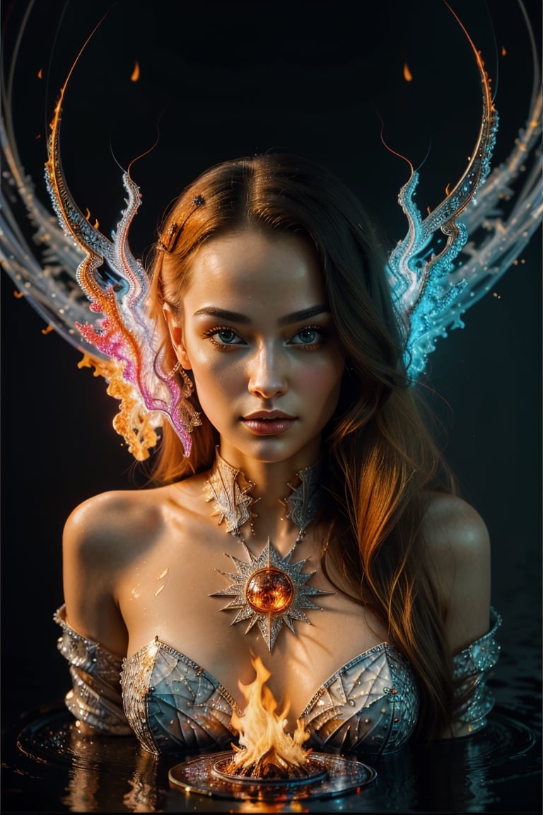 (masterpiece, top quality, best quality, official art, beautiful and aesthetic:1.2), (1girl), extreme detailed, (abstract, fractal art:1.3), long hair, isometric, highest detailed, (fire, water, ice, lightning), ghost,Realism, red glowing eyes, jewelery made of diamonds and silver, yellow glows background 