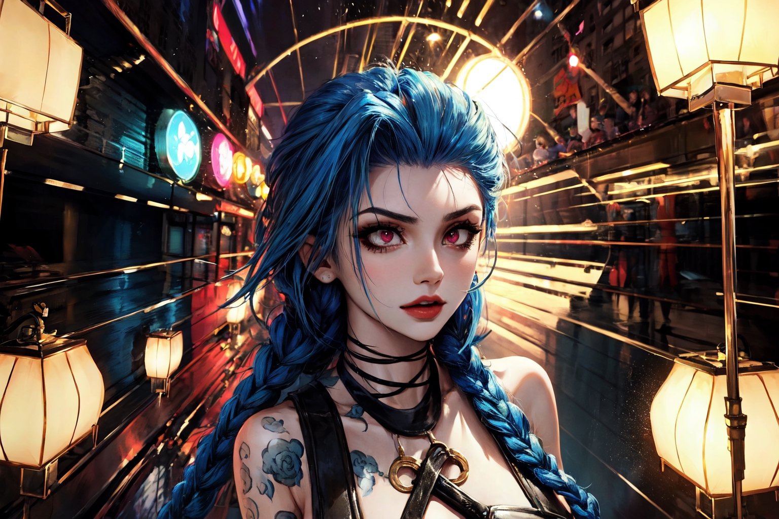 Holding_gun, (best quality, masterpiece, colorful, dynamic angle, highest detailed)(Jinx, Legue of Legends, Arcane), big_boobs, intense blue long hair, Jinx, Arcane, flirting, bokeh, (intricate details, hyperdetailed:1.15), full-body_portrait ,JinxLol,underboob tattoo,ase_sese