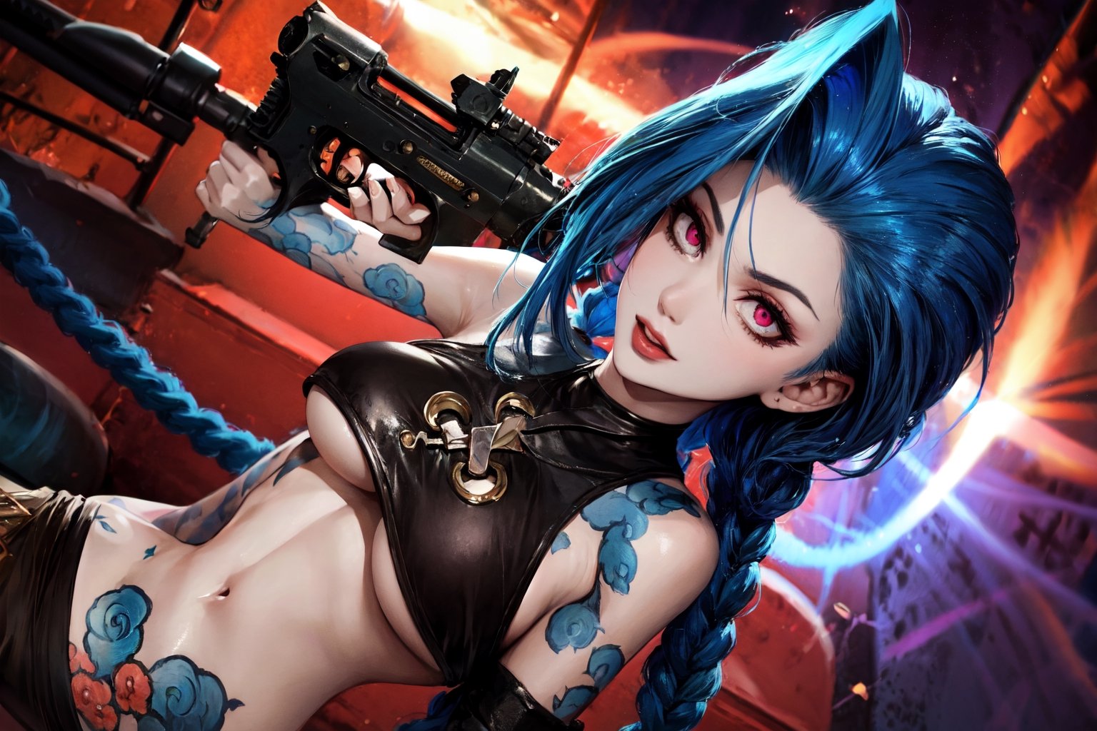 Holding_gun, (best quality, masterpiece, colorful, dynamic angle, highest detailed)(Jinx, Legue of Legends, Arcane), big_boobs, intense blue long hair, Jinx, Arcane, flirting, bokeh, (intricate details, hyperdetailed:1.15), full-body_portrait ,JinxLol,underboob tattoo,ase_sese