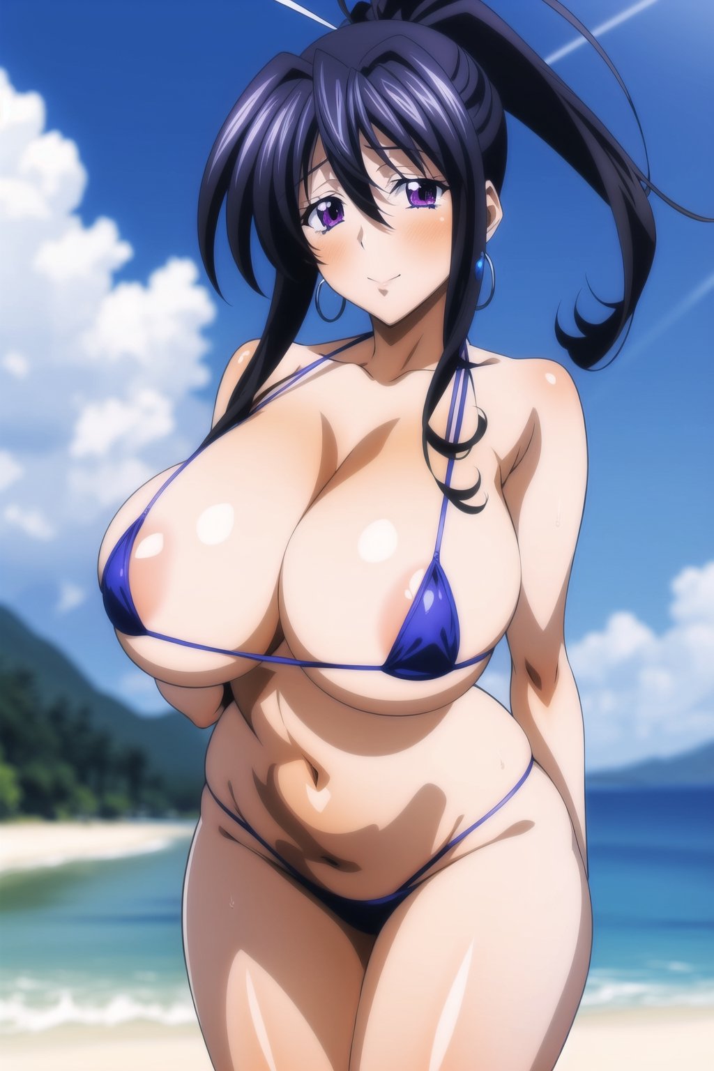 fine anime screencap, (gigantic_breasts:1), bikini, micro_bikini, anime screencap, earrings, cowboy_shot,Akeno