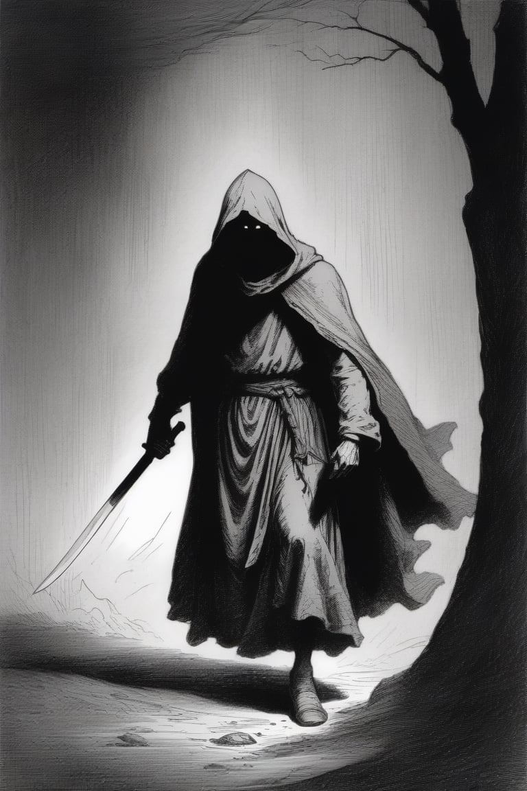 hooded figure with a machete lurking in the shadows, horror, Gustave Doré, Greg Rutkowski