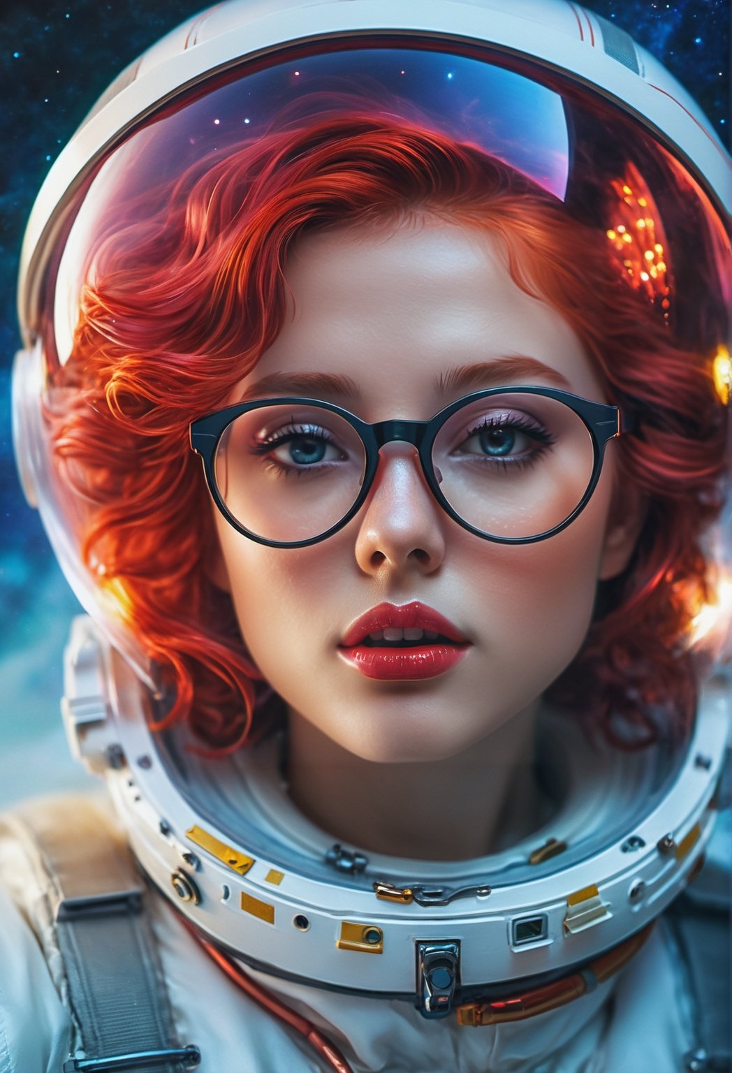 ((Masterpiece,  ultra detail,  32k,  HDR,  realistic)) Create an illustration of a beauty ethereal, astronaut suit, no helmet, ultra detailed face, large transparent glasses, shiny skin, wavy red hair style,  perfect eyes,  wet hair,  cinematic lightning,  dramatic composition,  vibrant color, bokeh, low saturation, volumetric divine light, art by Lenkaizm, night sky filled with stars,  pure perfection,  eye-catching beauty.