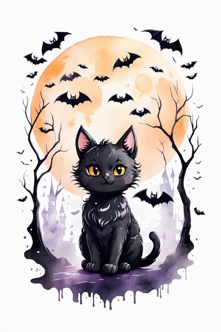 A spooky yet adorable Halloween logo design, showcasing a cute black cat and bat surrounded by eerie moonlight and bats, rendered in a watercolor style with soft, muted tones, white background for removing background.