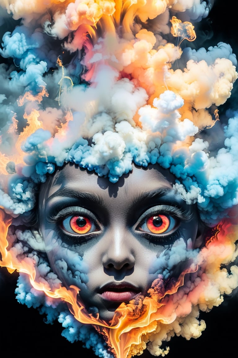 A physcadellic vision of a being surrounded by smoke, from an unknown realm , high quality, 16k, 16k quality, masterpiece photography, insane detail, beautiful, deep black, pitch black, trippy,matte movie poster, wonderful, vibrant colours, beautiful, big eyes, detailed eyes, no shadows, high detailed face.