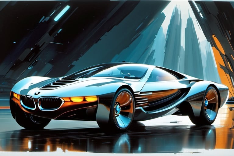 a futuristic bmw concept car, art by glen keane, wide wheels, glass roof, leds, aerodynamic,  art by john Berkey, art by chris foss, art by frank frazetta, 