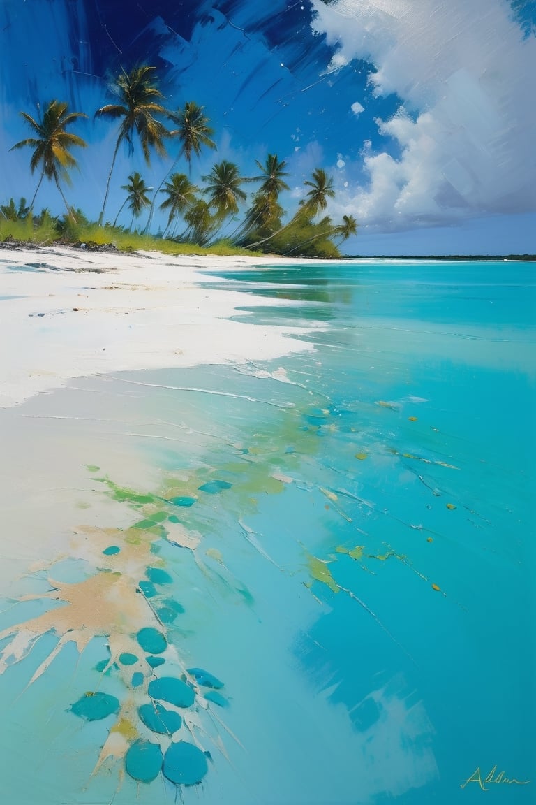 abstract, Cook Islands, as seen from the water, lagoon, white sand, palm trees, bright blue skies, green foliage, turquoise water, thick paint, block palette knife, pastel, in the style of Tony Allain, braod strokes on the knife, dots of paint, splatter, water drops, transparent in places,