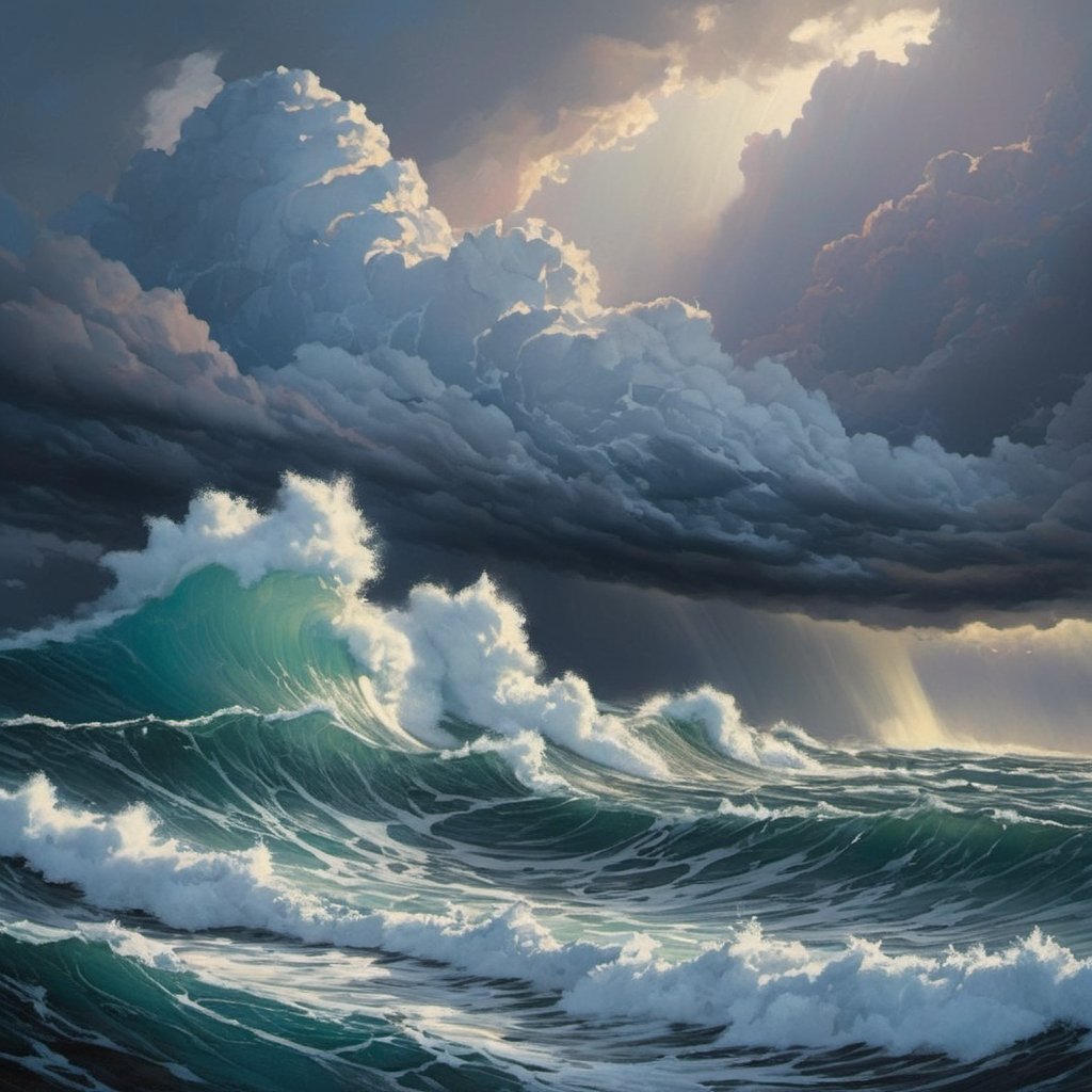  the Pacific Ocean on a stormy day, 5 metre troughs, rain, sun, splashing (((dramatic cloud formation))), poster style,  