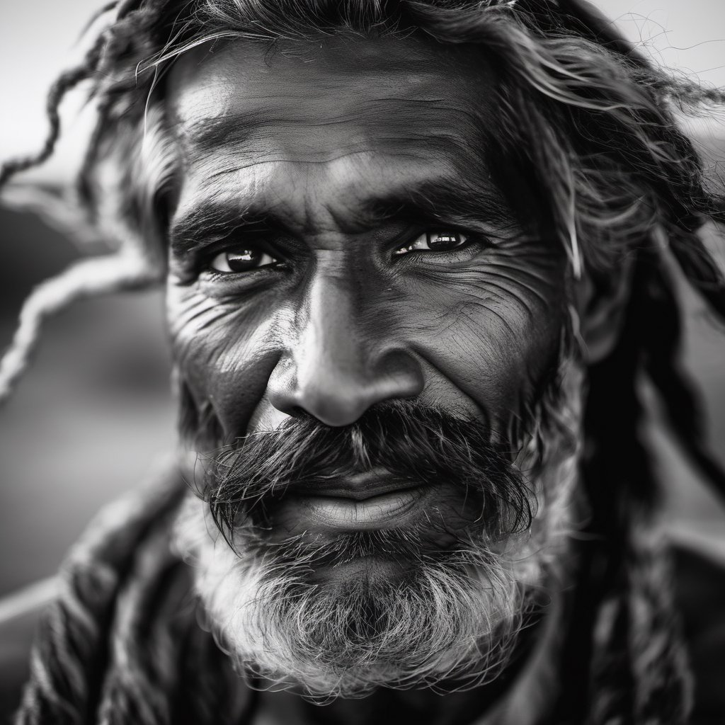 an aboriginal man,  a native from australia, head uncovered,  solo, looking at viewer, 1 man, monochrome, upper body, greyscale, male focus, 2 ft facial hair,2 ft beard, 12 inch mustache, old, old man, no clothing, long bushy unkempt hair, long bushy beard, wild and windswept, all focus on the eyes, short 2 inch depth of field, tamron 1000 mm telephoto lens, f2.8, cinematic angle, looking from above the eyeline down back at the man, angled, extreme close up shot,  eyes only, smiling , few teeth, 