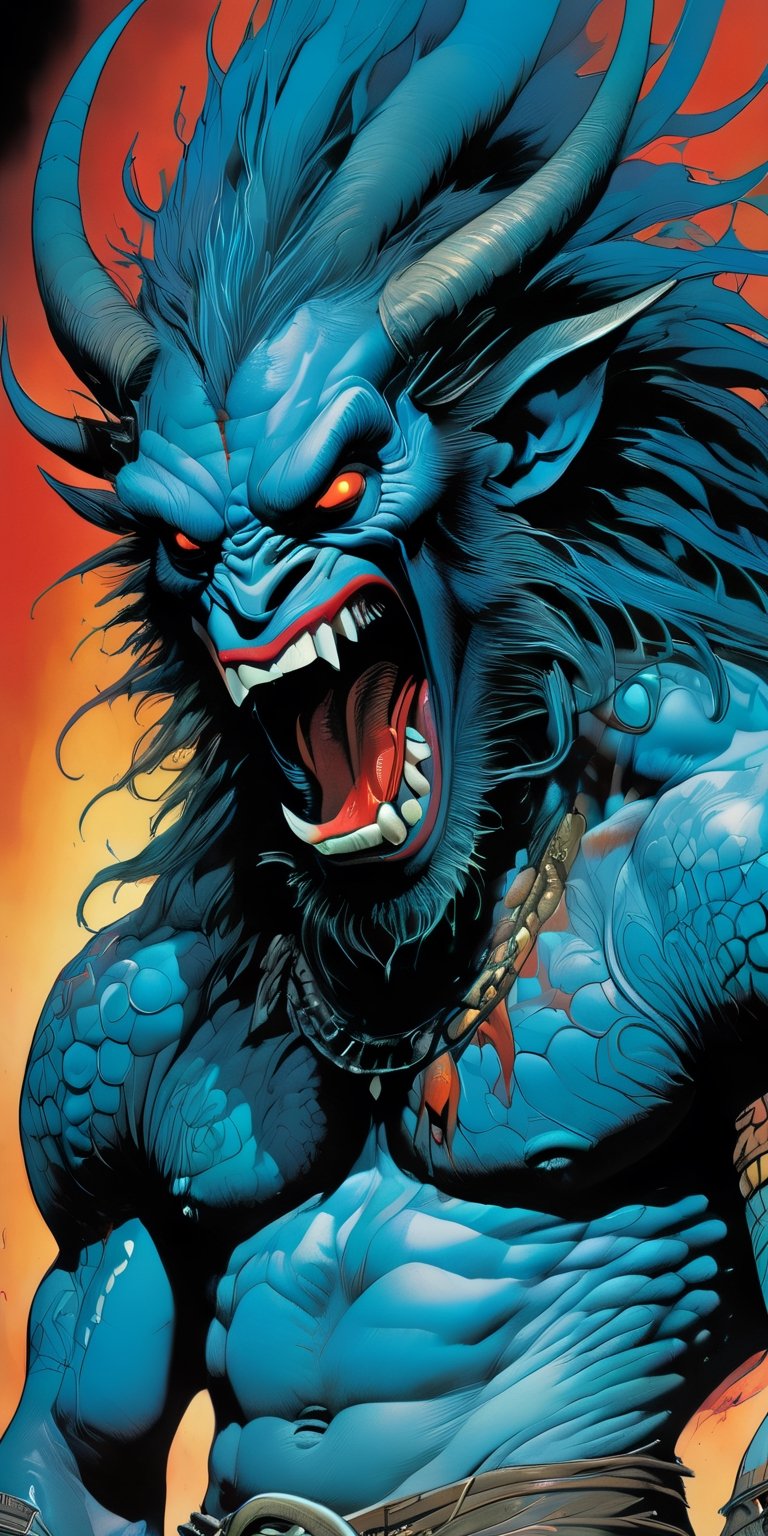 close up of the mans face, a sexy black african mans arm and shoulder, man is staring screaming at the viewer, raging, long hair, the arm and shoulder are covered in a very detailed intricate red and blue dragon tattoo that is protruding outfrom the skin, coming alive, its screaming, scratching, similar to dragon tattoo by Boris Vallejo, slowly you see the small dragon tattoo in parts is coming out of the skin and becoming a real version of the tattoo, sticking out, scales, extended claws, spit, spittle, blood drops, 16K, movie still, cinematic, ,omatsuri,DonMn1ghtm4reXL