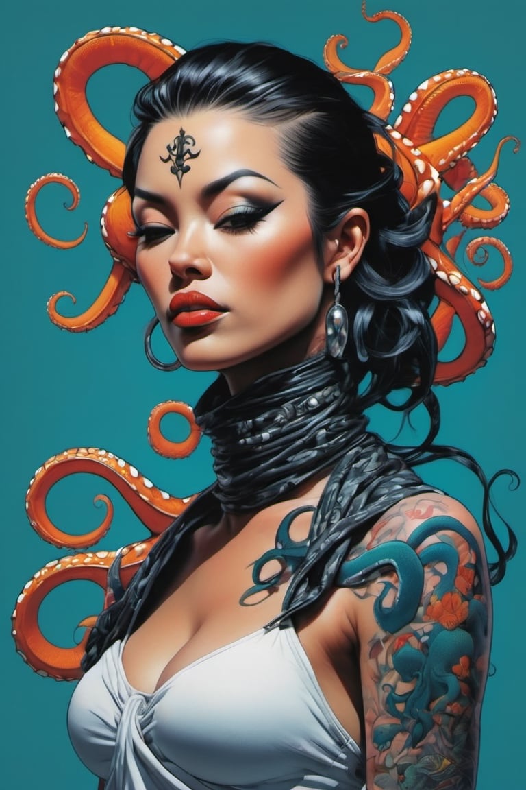 oversized monarch butterflies, goldfish, (((black and white striped octopus wrapping around the ladies neck))) , Horror Comics style, art by brom, tattoo by ed hardy, shaved hair, neck tattoos by andy warhol, heavily muscled, biceps, glam gore, horror, poster style, underwater picture , Angel fish, 
