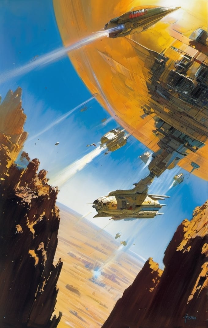 spaceship travelling past a planet, in space, ultra quality, highly detailed, art by john Berkey, art by chris foss,