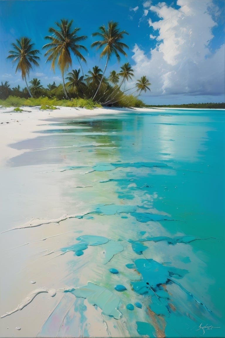 abstract, Cook Islands, as seen from the water, lagoon, white sand, palm trees, bright blue skies, green foliage, turquoise water, thick paint, block palette knife, pastel, in the style of Tony Allain, braod strokes on the knife, dots of paint, splatter, water drops, transparent in places,art by sargent,Oil painting of Mona Lisa ,Leaf