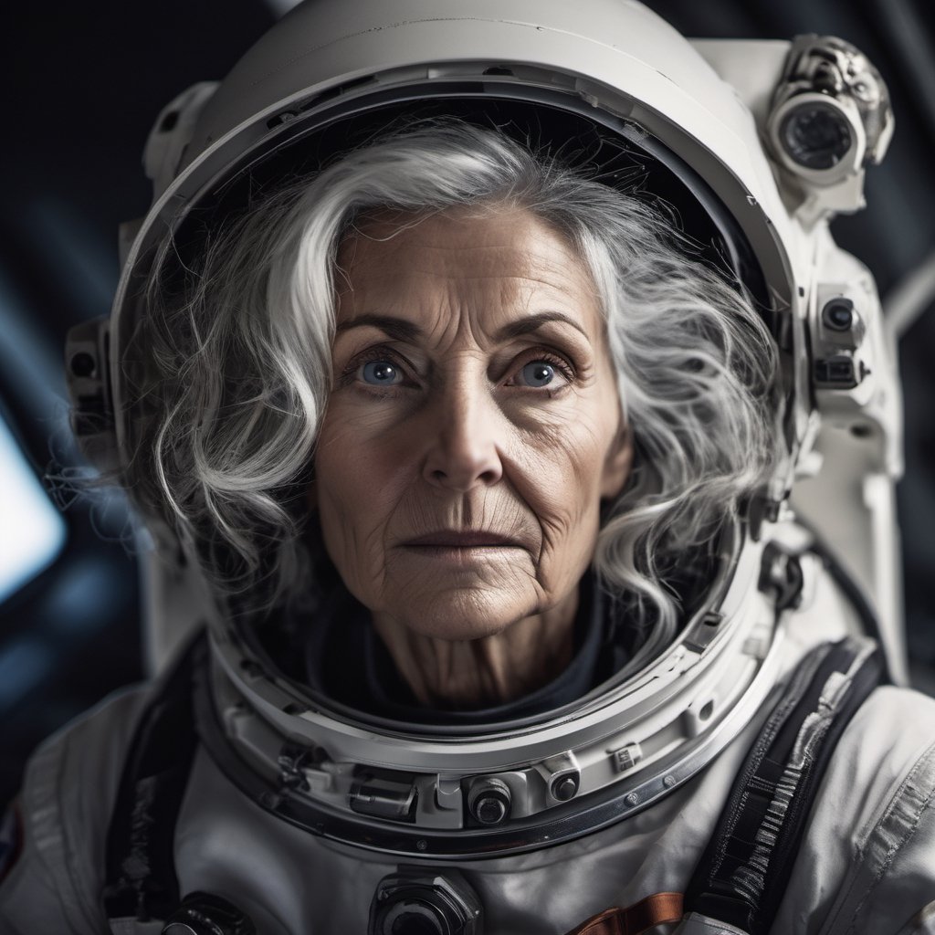 astronaut female, head uncovered,  lost, lost in space, mars, solo, looking at viewer, 1 woman, monochrome, upper body, greyscale, female focus, old, old woman, no clothing, wild and windswept hair, grey hair, straggly hair, forlorn, lost, a worn out worried look in her eyes and face, all focus on the eyes, short 2 inch depth of field, tamron 1000 mm telephoto lens, f2.8, cinematic angle, looking from above the eyeline down back at the woman, angled, extreme close up shot,  eyes only, 