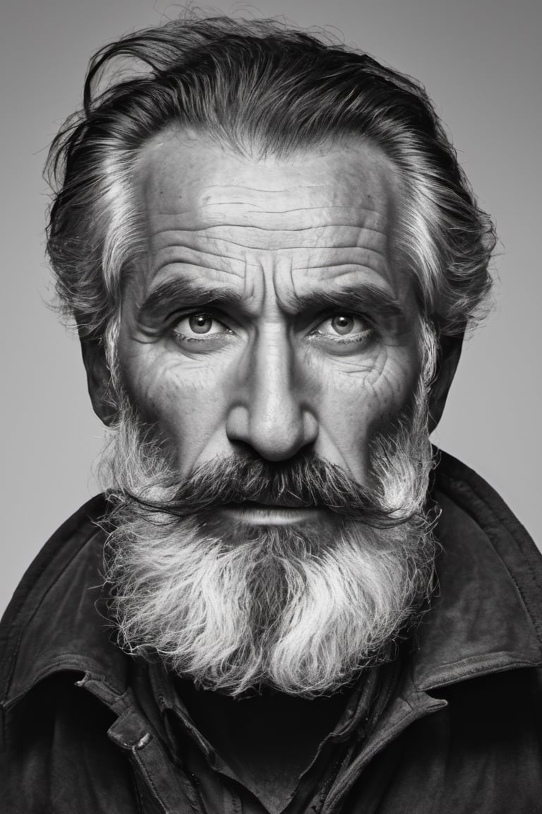 solo, looking at viewer, 1 man, monochrome, upper body, greyscale, male focus, 2 ft facial hair,2 ft beard, 12 inch mustache, old, old man, no clothing, long bushy unkempt hair, long bushy beard, wild and windswept, forlorn, lost, a worn out worried look in his eyes and face, all focus on the eyes, short 2 inch depth of field, tamron 1000 mm telephoto lens, f2.8, cinematic angle, looking from above the eyeline down back at the man, angled, extreme close up shot, 