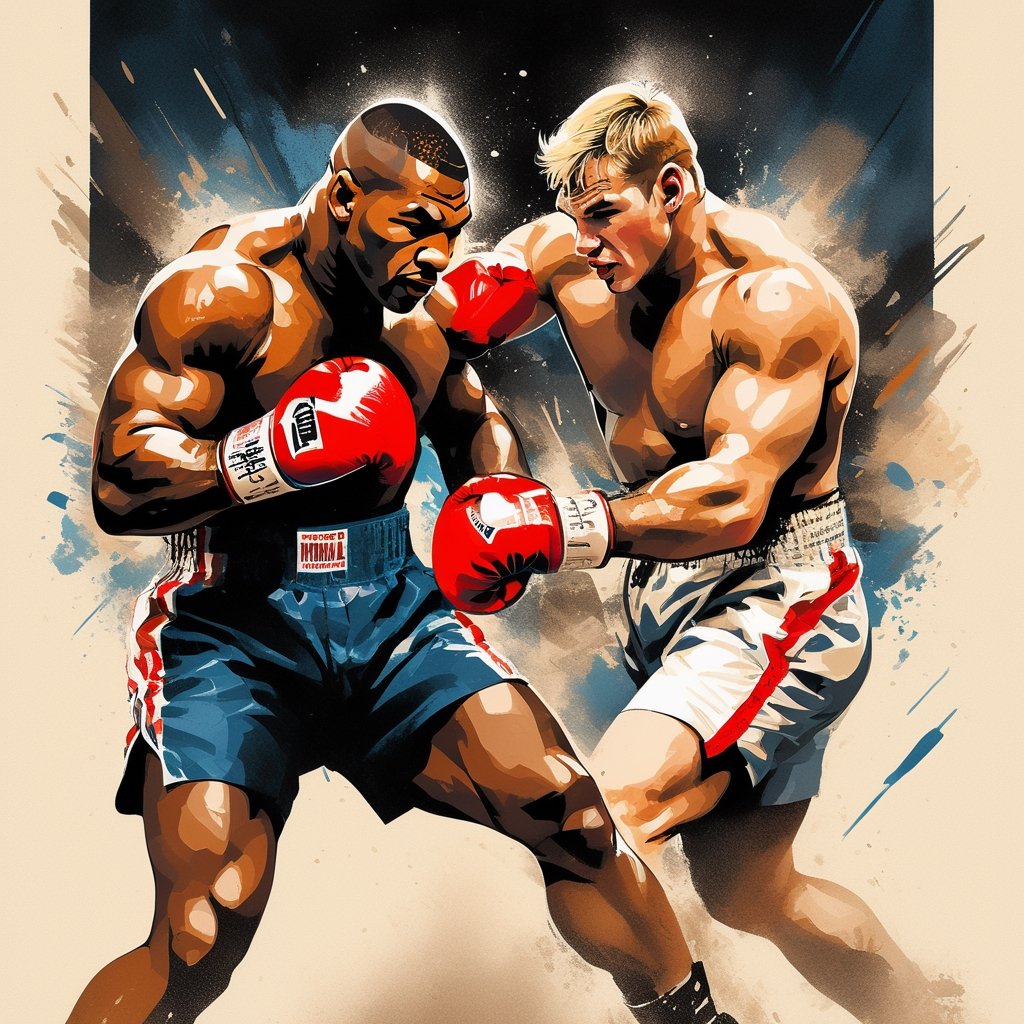 Mike Tyson , in a boxing ring at madison square gardens, knocking Jake Paul to the canvas with an uppercut punch, stipple, crosshatching, 5 colour monochromatic art, borders, (((art poster by gian galang))), (((art style by gian galang))), (((design by gian galang))) , neck tattoos by andy warhol, heavily muscled, biceps, fight poster style, asian art, chequer board, mma, octogon, bright contrasting colours, stipple, black n white, ,action shot