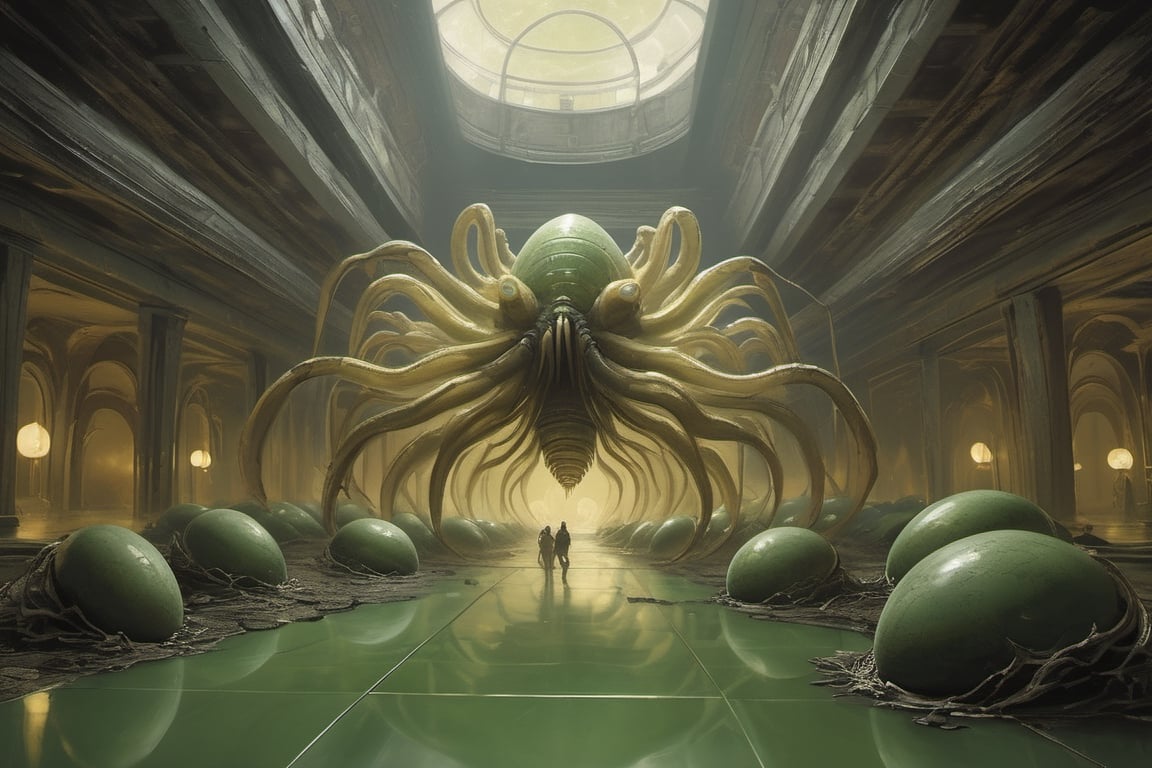 a oil painting wide shot, art by hr giger, a masterpiece, hyper-realistic oil painting of a massive open floor space covered in Ovomorph eggs, in a massive chamber, green misty light on the floor covering the eggs, darkness, Xenomorph Eggs by themselves are seemingly inert and are often dismissed as nothing more than lifeless vessels simply designed to contain the Facehugger. However, study has shown that they are in fact complicated organisms in their own right and that they exist in a symbiotic relationship with the Facehugger they contain. They notably possess the ability to "sense" or otherwise detect when a potential host creature approaches, at which point four "petals" at the top of the Egg open up and the Facehugger within launches itself at the nearby victim.