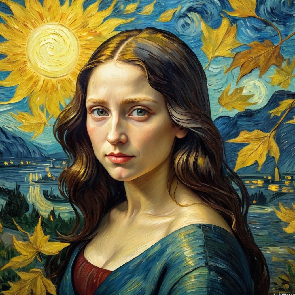 By Van Gogh, Sun, wind, sunny day, oil paint painting, highly detailed, sharpness, dynamic lighting, super detailing, van gogh starry nights background, painterley effect,Oil painting of Mona Lisa ,Leaf,art by sargent