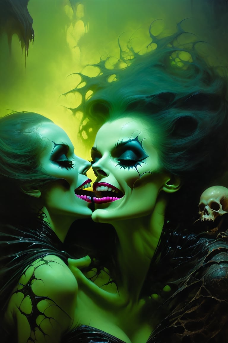 kiss make up, pink tongue out all the way, Modern art style on the theme of psychological fear in the style of gerald brom, light green nature ratio, fantasy horror art, photorealistic dark concept art, in style of dark fantasy art, lich vecna (d&d), detailed 4k horror artwork, Movie Still, an nude old woman has the colours of a pumpkin,  withering,  rotten,  staring froma dark cave,  spider webs,  scary wild tired eyes,  smelling of death,  scaring kids,  rotten teeth,  horror,  dark,  creepy,  black,  green,  wet,  cold and wild, ,HellAI