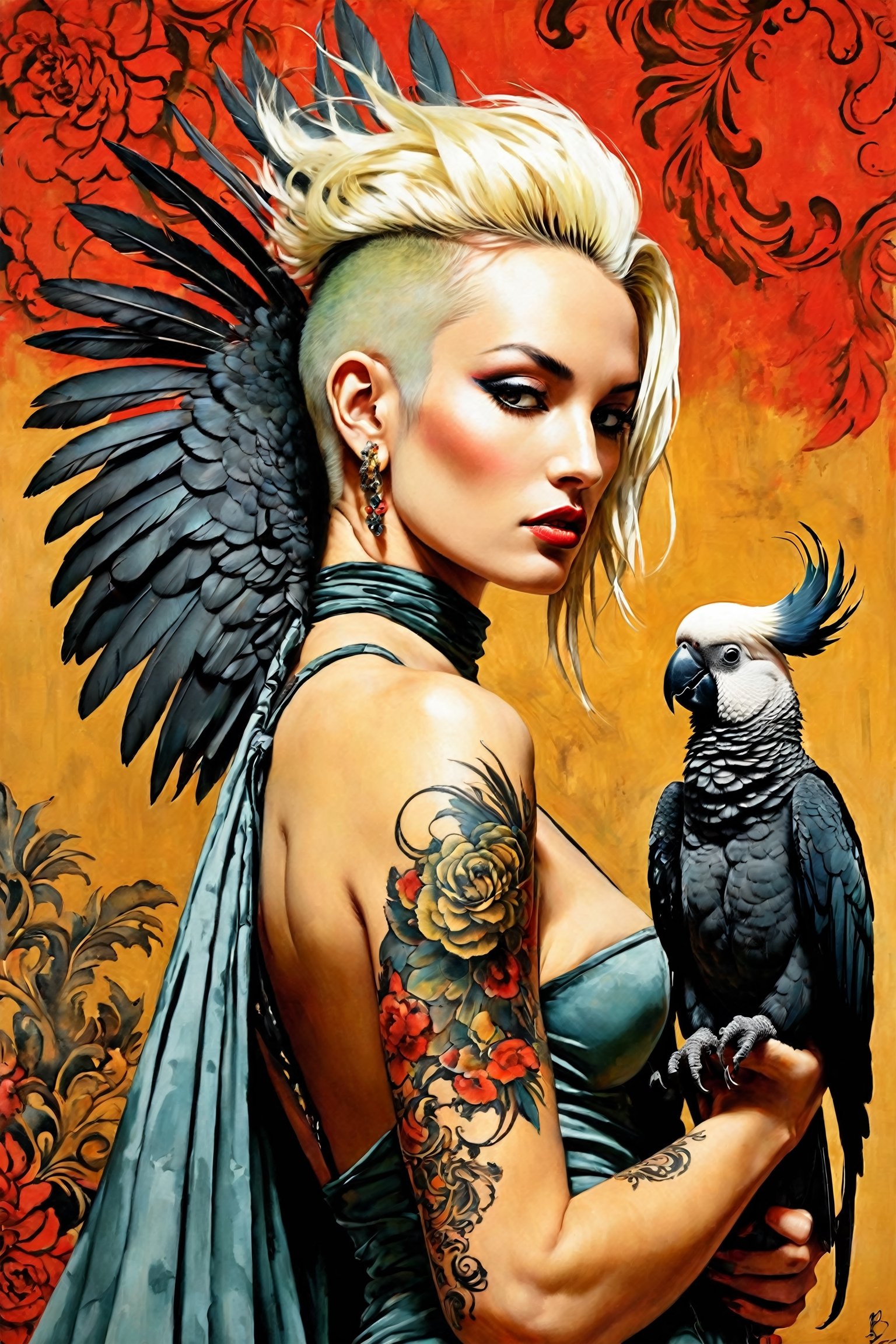 spanish women, black cockatoo, sulphur crested cockatoo, fashionistas, baroque style, art by sergio toppi, art design by sergio toppi, tattoo by ed hardy, shaved hair, neck tattoos andy warhol, heavily muscled, biceps,glam, women, military poster style, ,more detail XL,close up,Oil painting, 8k, highly detailed, in the style of esao andrews,Vogue style,