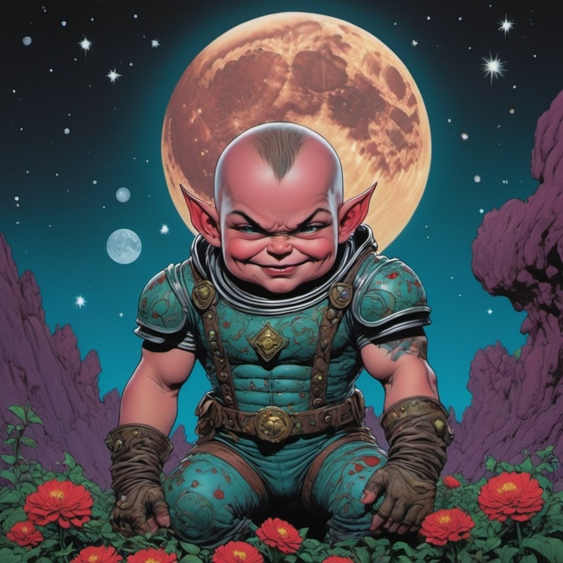 munchkin from the wizard of oz, blood moon, Horror Comics style, art by brom, tattoo by ed hardy, shaved hair, neck tattoos by andy warhol, heavily muscled, biceps, glam gore, horror, poster style, flower garden, space constellation, ,art_booster