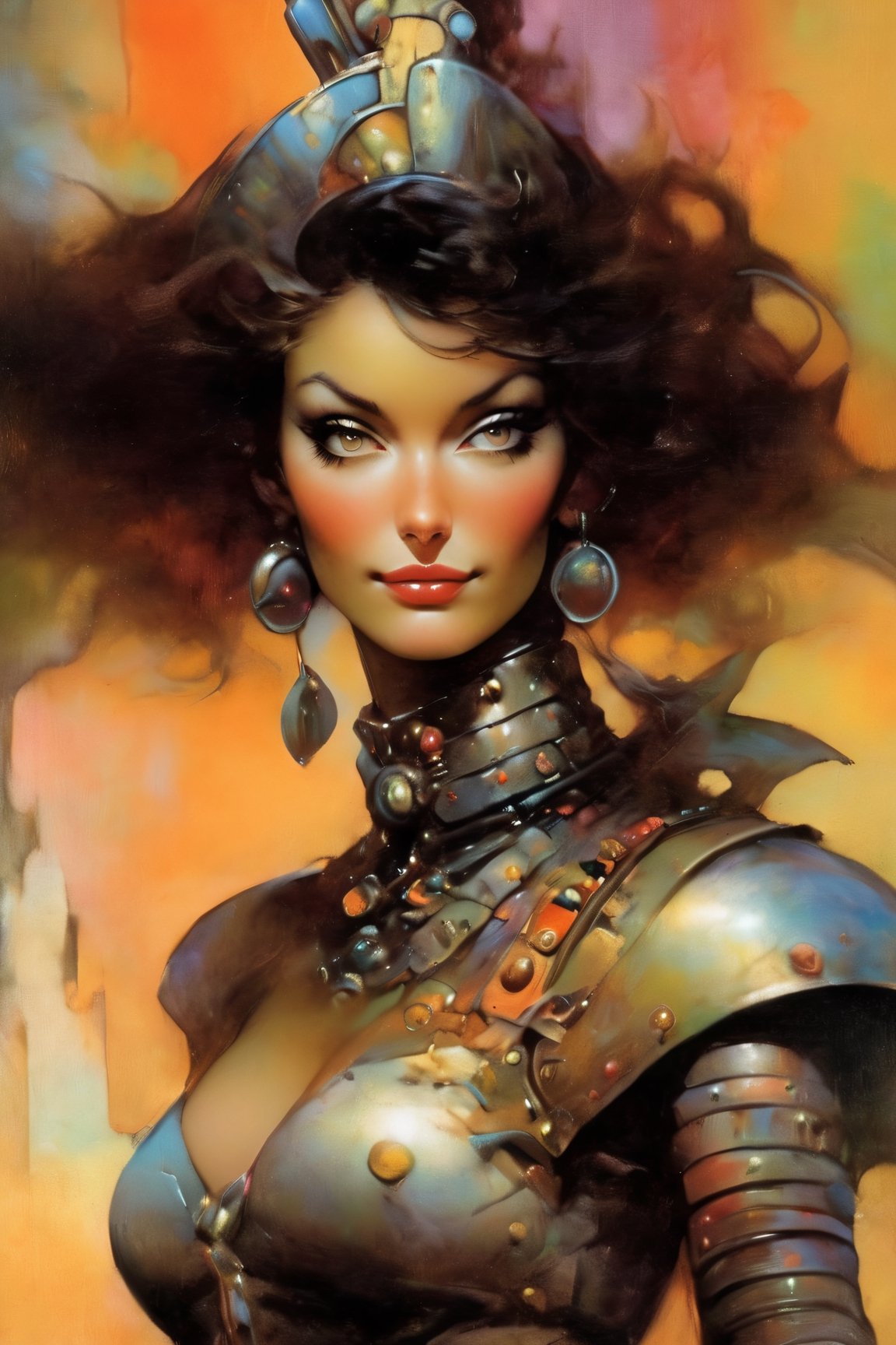 art by Masamune Shirow, art by J.C. Leyendecker, a masterpiece, stunning beauty, perfect face, full-body, hyper-realistic oil painting, vibrant colors, Body horror, steampunk spacesuit, two women looking directly out to viewer, wry smile on their faces, neon face with multiple coloured circuits on it, full face translucent visor, in the style of futuristic space glamour, Steam punk, tribal adornments, frank frazetta style pose, perfect makeup, boris vallejo style background pop art consumer culture, plain neon steampunk background, full figure poses,biopunk style,cyberpunk style,art by sargent,Oil painting of Mona Lisa ,Leaf