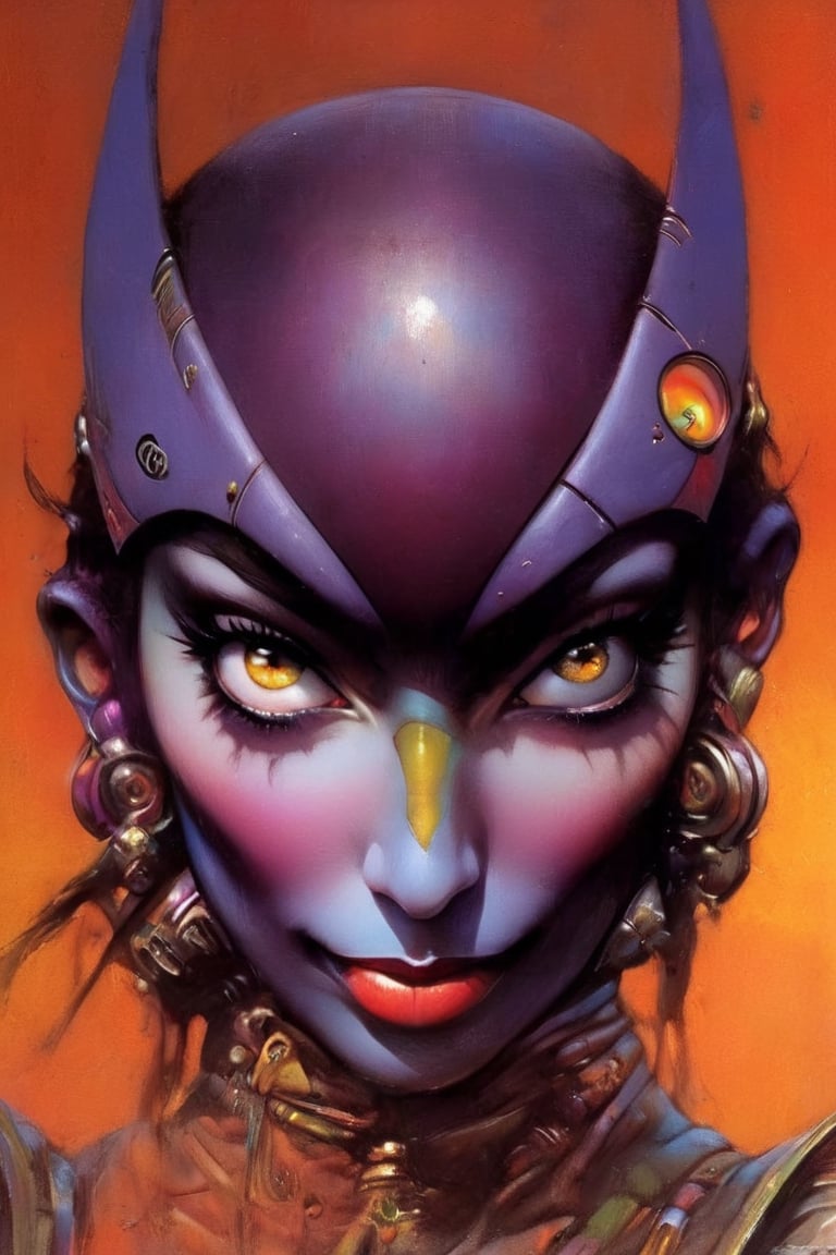 art by Masamune Shirow, art by J.C. Leyendecker, a masterpiece, stunning beauty, perfect face, laughing with open mouyj, full-body, hyper-realistic oil painting, vibrant colors, Body horror, steampunk spacesuit, two women looking directly out to viewer, wry smile on their faces, neon face with multiple coloured circuits on it, full face translucent visor, in the style of futuristic space glamour, Steam punk, tribal adornments, frank frazetta style pose, perfect makeup, boris vallejo style background pop art consumer culture, plain neon steampunk background, full figure poses,biopunk style,cyberpunk style,art by sargent,Oil painting of Mona Lisa ,Leaf,Leonardo Style,fr4z3tt4 