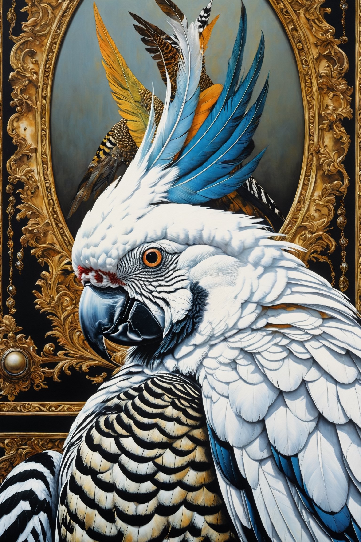 peacocks, zebra stripes,white cockatoo, baroque style, art by sergio toppi, art design by sergio toppi, military poster style, ,more detail XL,close up,Oil painting, 8k, highly detailed, in the style of esao andrews, a clse up oil portrait of a beautiful group of birds, 