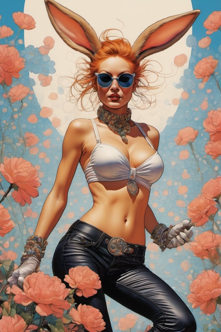 vogue cover, ginger easter bunny, portrait style, Horror Comics style, art by brom, smiling, john lennon sunglasses, rabbit ears, rabbit nose, ginger rabbit fur, punk hairdo, tattoo by ed hardy, shaved hair, playboy bunny outfit, bunny tail, neck tattoos by andy warhol, heavily muscled, biceps, glam gore, horror, poster style, flower garden, Easter eggs, flower garden, paisley patterns, 