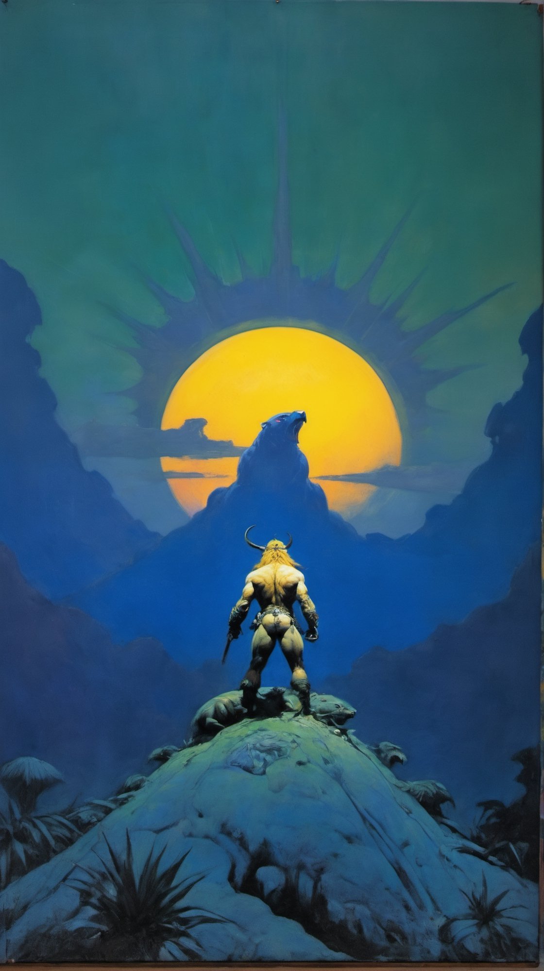 an oil painting, a masterpiece, a yellow hot sun , heating up a blue green amazonian jungle, a lone figure standing atop a small mound, wild animals around him, art by Sargent, art by frazetta, art by simon bisley, 