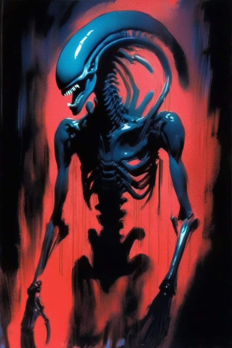 art by glen keane, painting, vibrant colors, a xenomorph, dark chiarascuro lighting, dripping blood and sweat, messed up, battling human troopers,