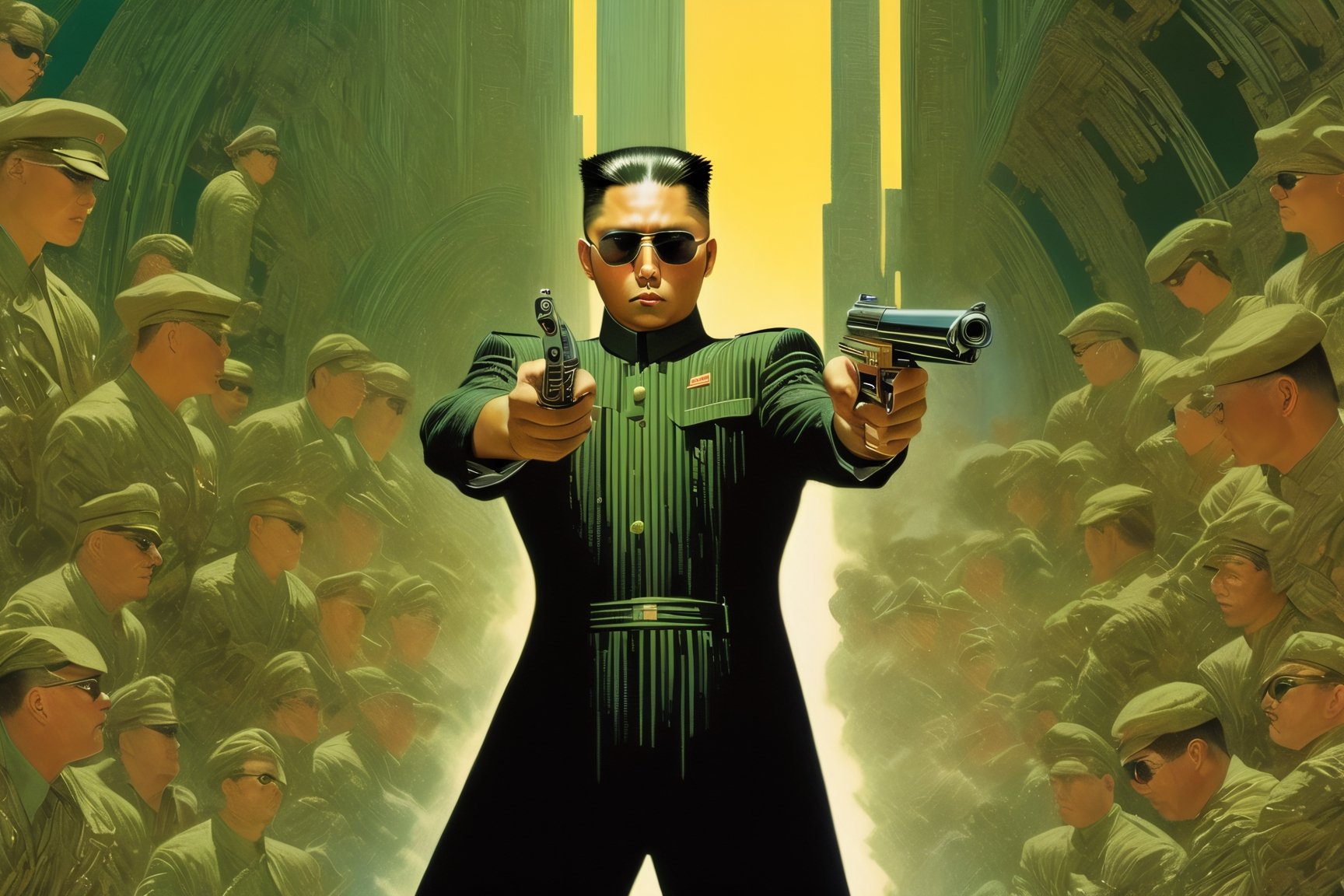 art by Masamune Shirow, art by J.C. Leyendecker, art by boris vallejo, a masterpiece, stunning beauty, hyper-realistic oil painting, vibrant colors, a Kim Jong Un type character, wearing round sunglasses, dark chiarascuro lighting, aiming a Luger pistol at the viewer, fighting bad guys, being chased, a telephoto shot, 1000mm lens, f2,8,vertical lines of green matrix code