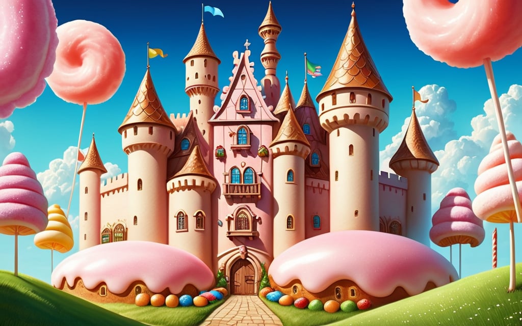 Here's a prompt that combines the requested elements:

A breathtakingly detailed, 8K masterpiece of a castle perched high on a hill, its turrets and flags standing tall amidst a stunning portrait of a fantasy candy village below. The scenery is set against a picturesque tropical beachside backdrop with a clear blue sky, fluffy white clouds, and lush green grass. A cornucopia of colorful sweets and treats spill out from the village, including cotton candy, cookies, and juicy fruits, all glistening under dramatic lighting that casts a warm glow. Rounded corners and intricate details abound, with subtle gradients and a dash of glitter for added visual interest.