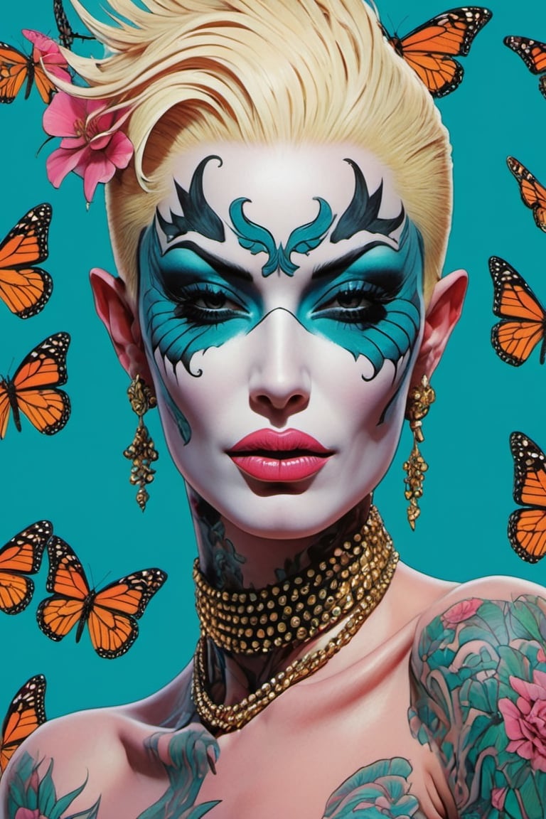 vogue portrait, Horror Comics style, art by brom, smiling people, poking tongue at viewer, lennon sunglasses, punk hairdo, tattoo by ed hardy, shaved hair, neck tattoos by andy warhol, heavily muscled, biceps, glam gore, horror, poster style, flower garden, oversized monarch butterflies, tropical fish, flower garden, 