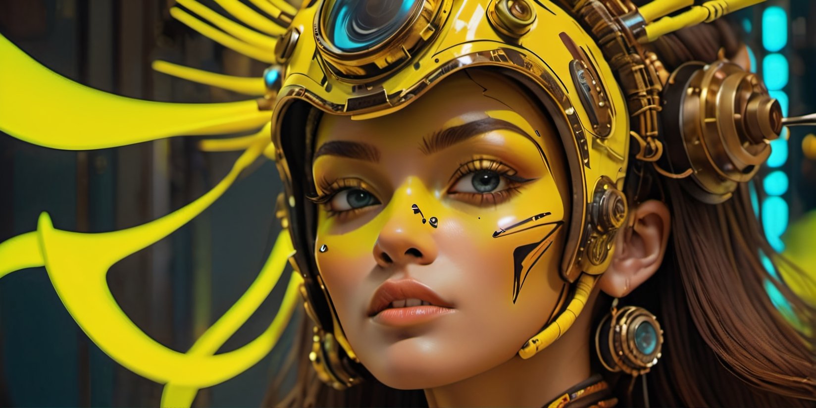 a masterpiece, stunning beauty, perfect face, epic love, Slave to the machine, full-body, hyper-realistic oil painting, vibrant colors, Body horror, wires, , native american war bonnet, a rusty and silver spotted steampunk spacesuit, women looking directly out to viewer, wry smile on her face, neon face with multiple coloured circuits on it, full face visor translucent dirty yellow colour, in the style of futuristic space, glamour, Steam punk steam punk animated gifs, xenomorph lookalike adornments, gun in hand, algorithmic artistry, frank frazetta style, perfect makeup, boris vallejo, pop art consumer culture, plain neon steampunk background, full figure pose, dripping paint, Leonardo Style, blacklight makeup, oni style,monster,HellAI,IncrsXLRanni,Xxmix_Catecat,DonMD3m0nXL ,Stylish,underboob,hustler,more detail XL,portrait_futurism