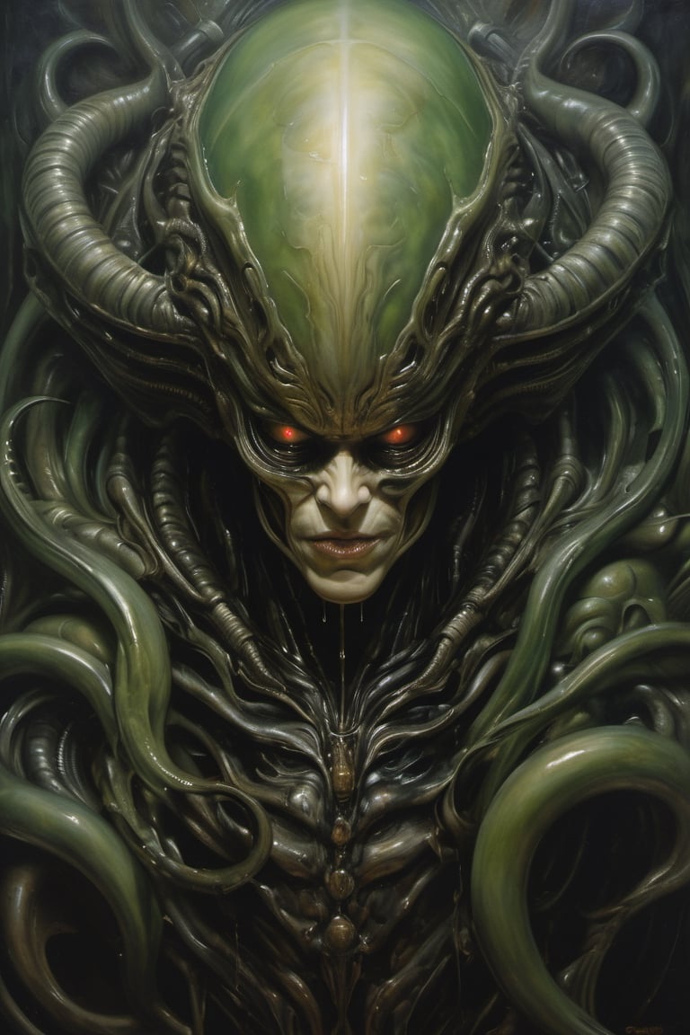 a oil painting portrait, art by hr giger, a masterpiece, hyper-realistic oil painting, a xenomorph, low lighting, intense shadows, dripping blood and sweat, messed up, ,more detail XL,Extremely Realistic