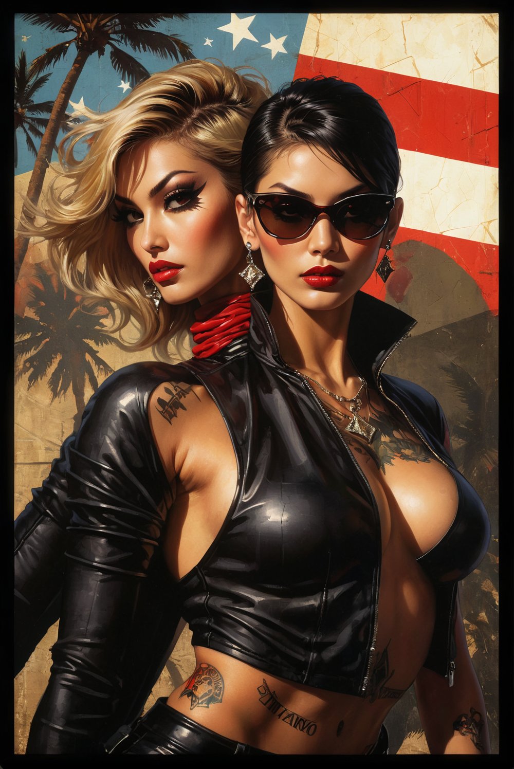 art by Masamune Shirow, art by J.C. Leyendecker, art by boris vallejo, a masterpiece, stunning beauty, hyper-realistic oil painting, vibrant colors, Horror Comics style, art by brom, tattoo by ed hardy, a woman, shaved hair, neck tattoos by andy warhol, heavily muscled, biceps,glam gore, covered heavily in crisp dark  demonic tattoos, horror, demonic, hell visions, demonic women, military poster style, asian art, chequer board, wearing mirrored sunglasses, dark chiarascuro lighting, a telephoto shot, 1000mm lens, f2,8 , grunge style , abstract, illustration, 1960 aesthetics, minimalistic, trendy, mixed media, vector art, 1girl, female focus,  text focus, gradient background, palm trees, diamond \(symbol\), glow, the text "TAVITANIKO" in arial ,artint