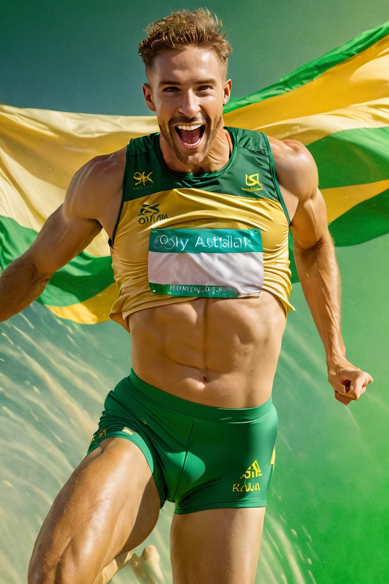 a mid section body shot photograph of a happy australian male athlete, he is wearing an australian olympic highjump  uniform, he is has an olympic  gold medal around his neck, his back and bottom are facing the viewer, very large green and gold flag background, fluid motion, dynamic movement, cinematic lighting, palette knife, digital artwork by Beksinski,action shot,sweetscape, art by Klimt, airbrush art, ,photo r3al,ice and water,close up,Movie Poster