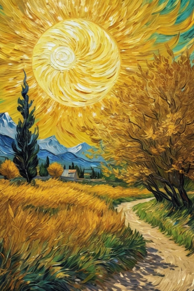 By Van Gogh, Sun, wind, sunny day, oil paint painting, highly detailed, sharpness, dynamic lighting, super detailing, van gogh starry nights background, painterley effect,art by sargent,