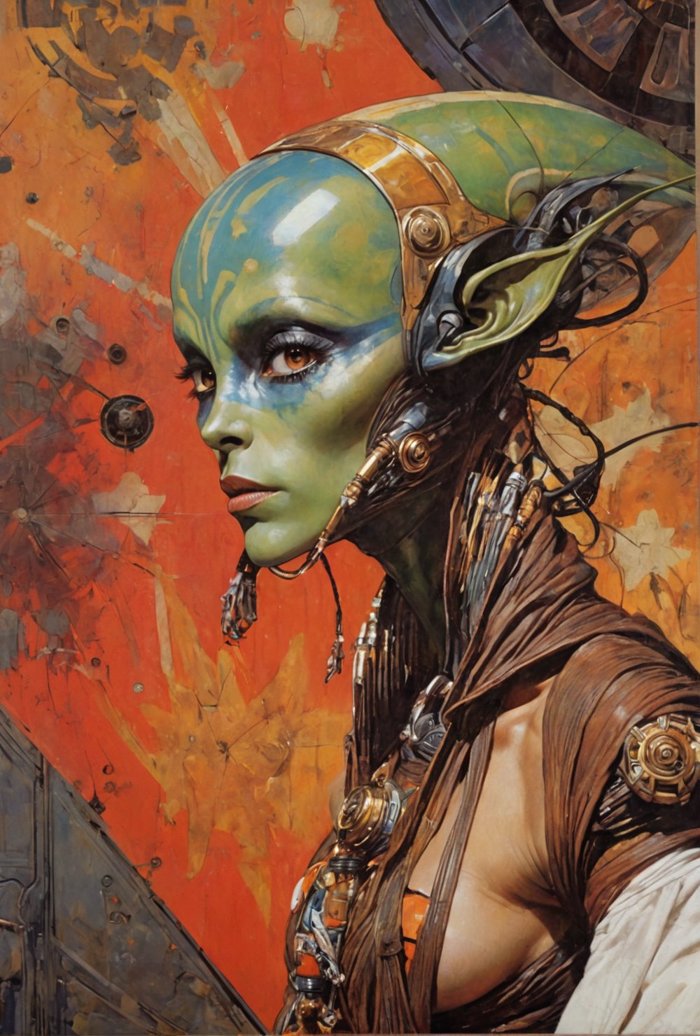 art by Masamune Shirow, art by J.C. Leyendecker, art by simon bisley, art by ralph steadman, a masterpiece, stunning beauty, hyper-realistic oil painting, star wars alien creatures, a portrait picture, incredible detail, fantasy portrait, smooth skin,  kaleidoscope graffiti background,