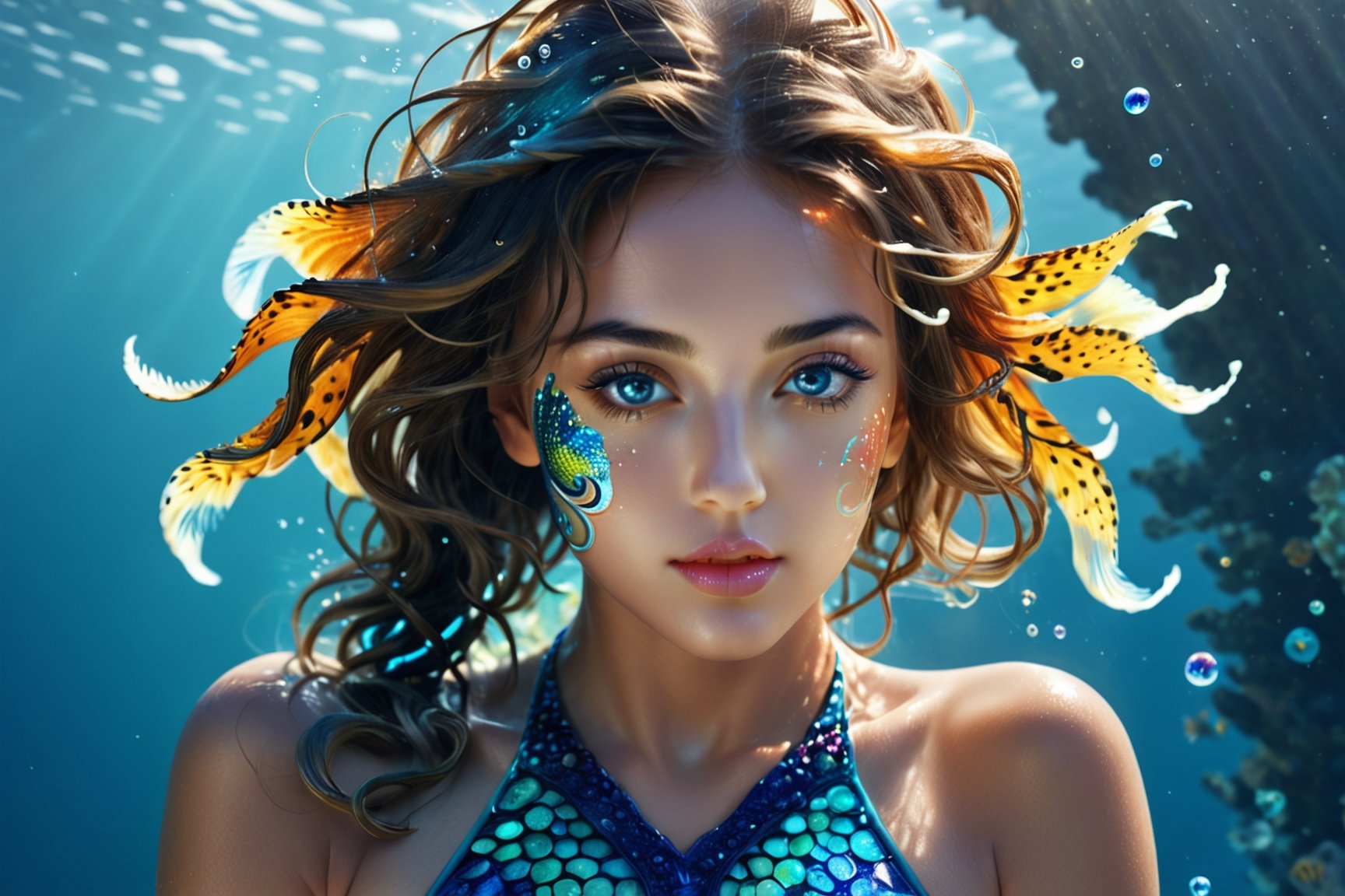 In the shimmering depths of the ocean abyss, an attractive young sea nymph glides effortlessly. Dressed in a form-fitting bikini that mirrors the colors of the sea, she moves with grace and allure. Her eyes, with a sly glint, suggest mysteries untold. The underwater world around her is alive with corals, sea creatures, and dappled sunlight filtering through the water's surface. Capture a full-body view from head to toe of this mesmerizing sea nymph, emphasizing the fluidity of her movements and the intricate details of her surroundings, barefoot, hands detailed, full body, perfect body, seductively pose, extremely charming, alluring scene, mysterious ancient fantasy world, cinematic photography, captured with professional DSLR camera, octane render, studio photo, 32k, ultra detailed, ultra sharp focus, golden ratio, 50 multicoloured different aquarium fish swimming around her face, small bubbles, flotsam, jetsum, plankton, seahorses, seaswirl, ultra wide shot,a girl formed of colored glaze,IncrsXLRanni,perfecteyes