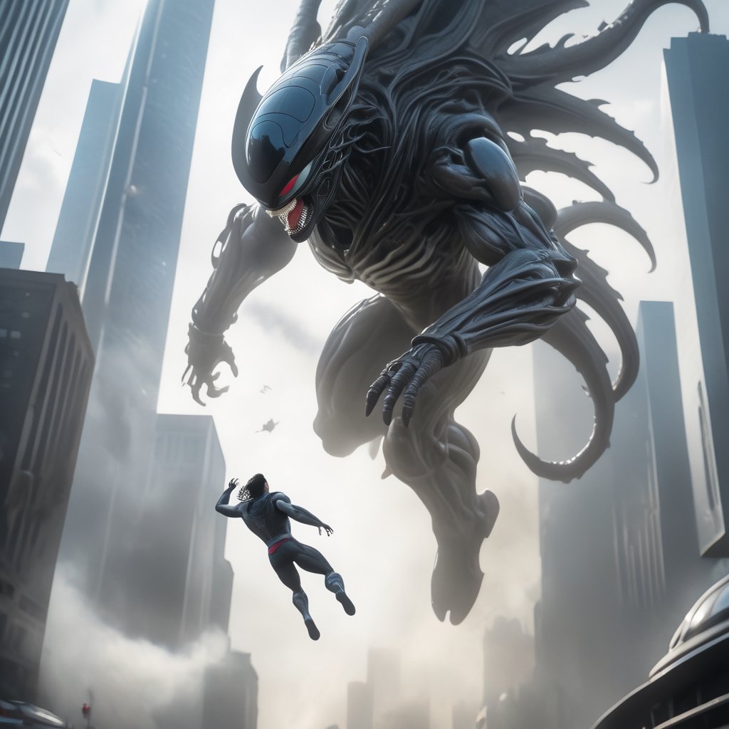 an alien xenomorph launches itself at a nearby victim, superman, motion blur, city skyscrapers, cinematic wide shot,