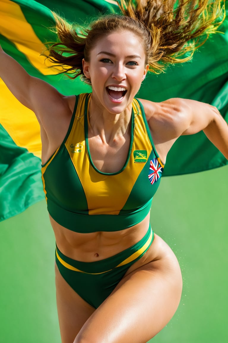 a mid section body shot photograph of a happy australian female athlete, she is wearing an australian olympic highjump  uniform, she is has an olympic  gold medal around her neck, her back and bottom are facing the viewer, very large green and gold flag background, fluid motion, dynamic movement, cinematic lighting, palette knife, digital artwork by Beksinski,action shot,sweetscape, art by Klimt, airbrush art, ,photo r3al,ice and water,close up,Movie Poster