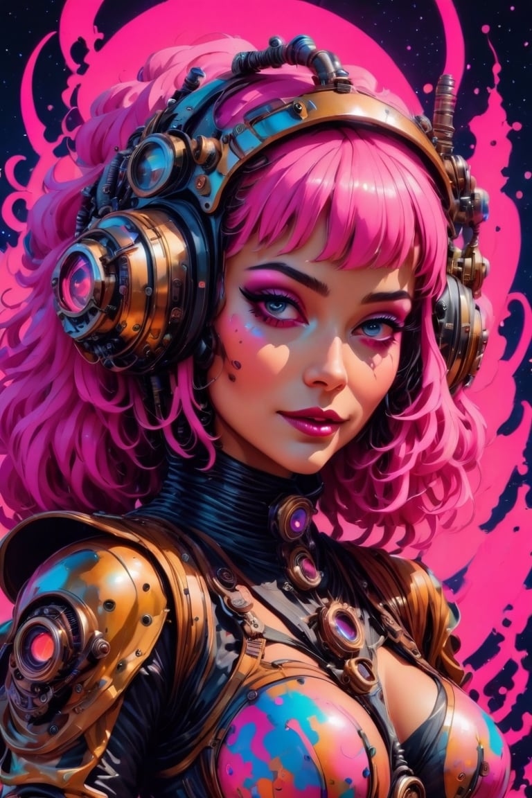 a rusty and silver spotted steampunk spacesuit, women looking directly out to viewer, wry smile on her face, neon face with multiple coloured circuits on it, full body, full face visor translucent spotted pink colour, in the style of futuristic space, glamour,Steam punk steam punk animated gifs, xenomorph lookalike adornments, gun in hand, algorithmic artistry, frank frazetta style, perfect makeup, boris vallejo, pop art consumer culture, plain neon steampunk background, full figure pose,dripping paint,Leonardo Style,blacklight makeup,oni style,vaporwave style