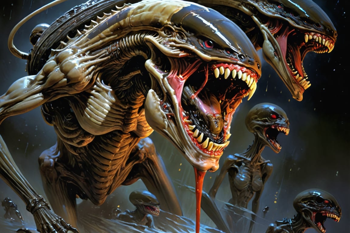 art by Masamune Shirow, art by J.C. Leyendecker, a masterpiece, stunning beauty, hyper-realistic oil painting, vibrant colors, a xenomorph, dark chiarascuro lighting, dripping blood and sweat, messed up, battling human troopers, a telephoto shot, 1000mm lens, f2,8, ,horror,dark theme