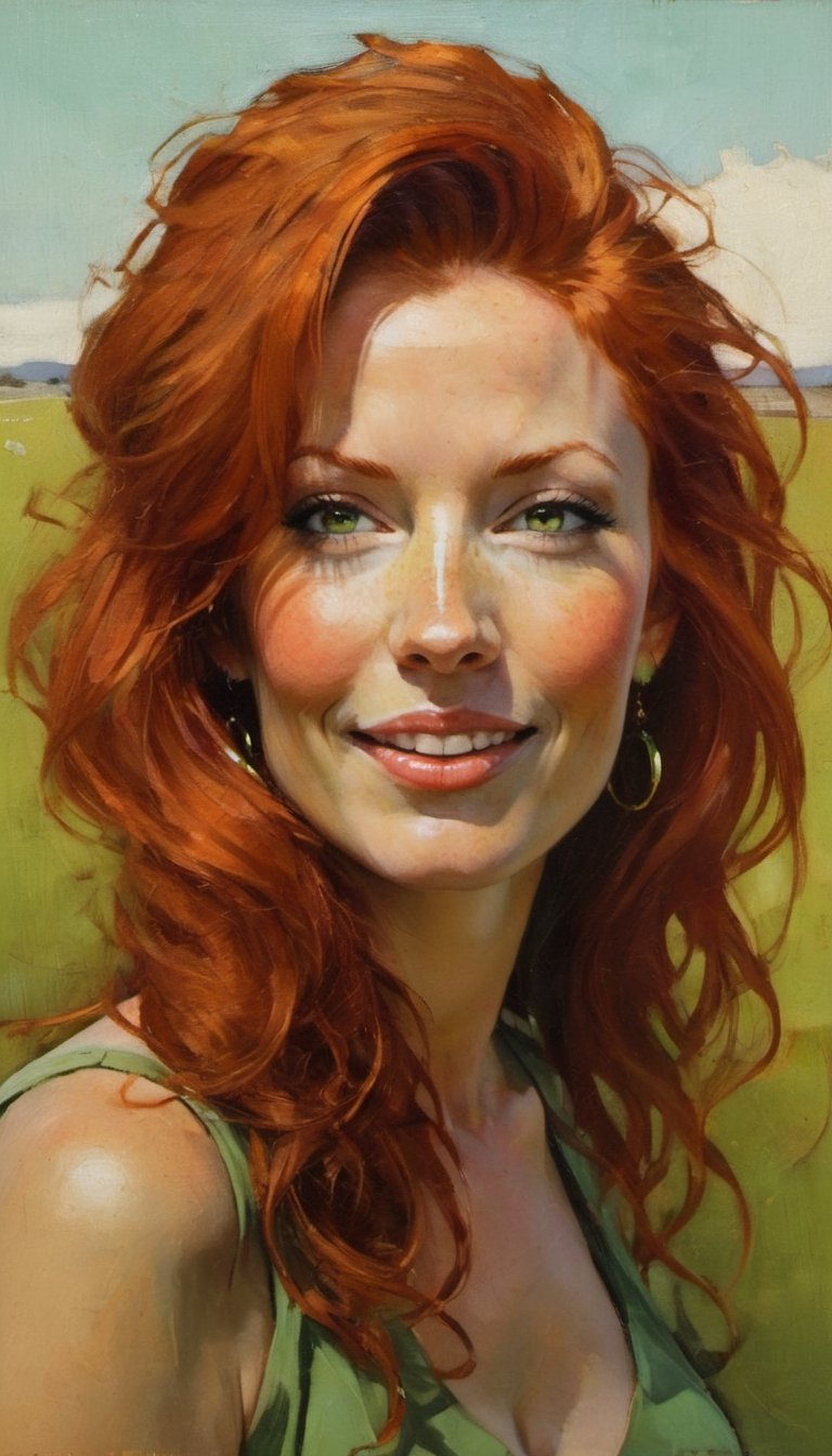 an oil painting, a masterpiece, art by michael carson, a red haired woman, staring at the viewer, green eyes, a happy smile, wind blown hair, 