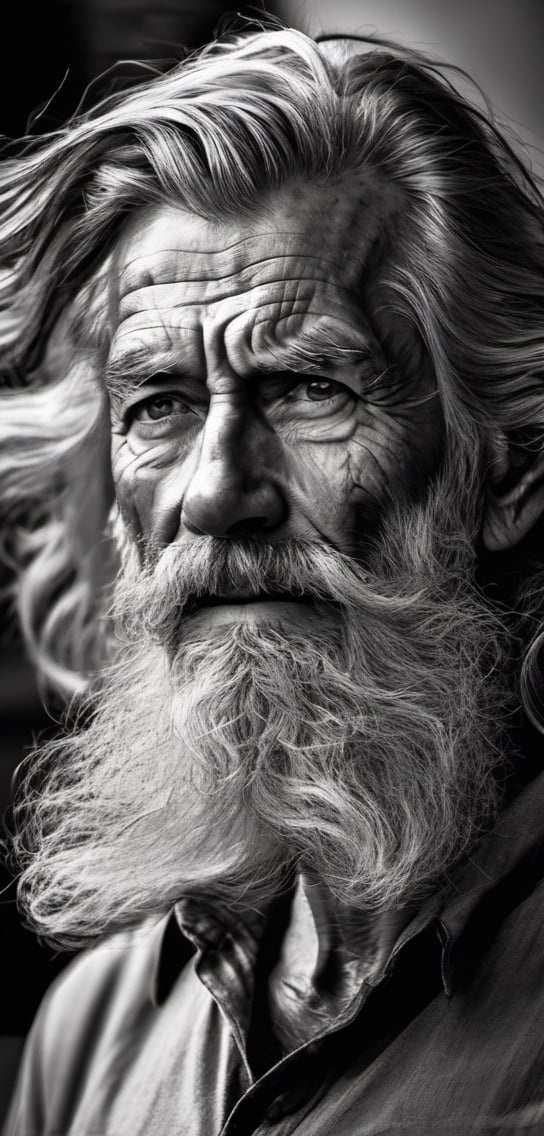 solo, looking at viewer, 1 man, monochrome, upper body, greyscale, male focus, very long facial hair, very long unkempt beard, very long mustache, old, old man, no clothing, long bushy unkempt hair, long bushy beard, wild and windswept, forlorn, lost, close up portraint , portrait photography, old man looking scared and tured, after a hard days work, ,Comic Book-Style 2d, no clothing, wavy windy hair , wind blown, 